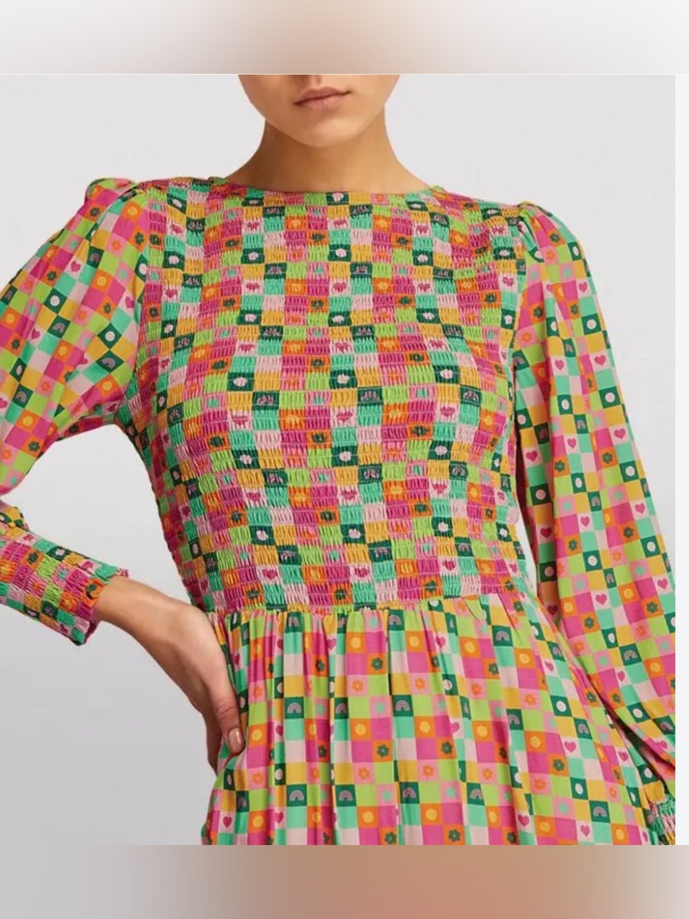 NWT OLIVIA RUBIN shirred DELPHINE Multicolor Checked Smocked Long-Sleeve midi